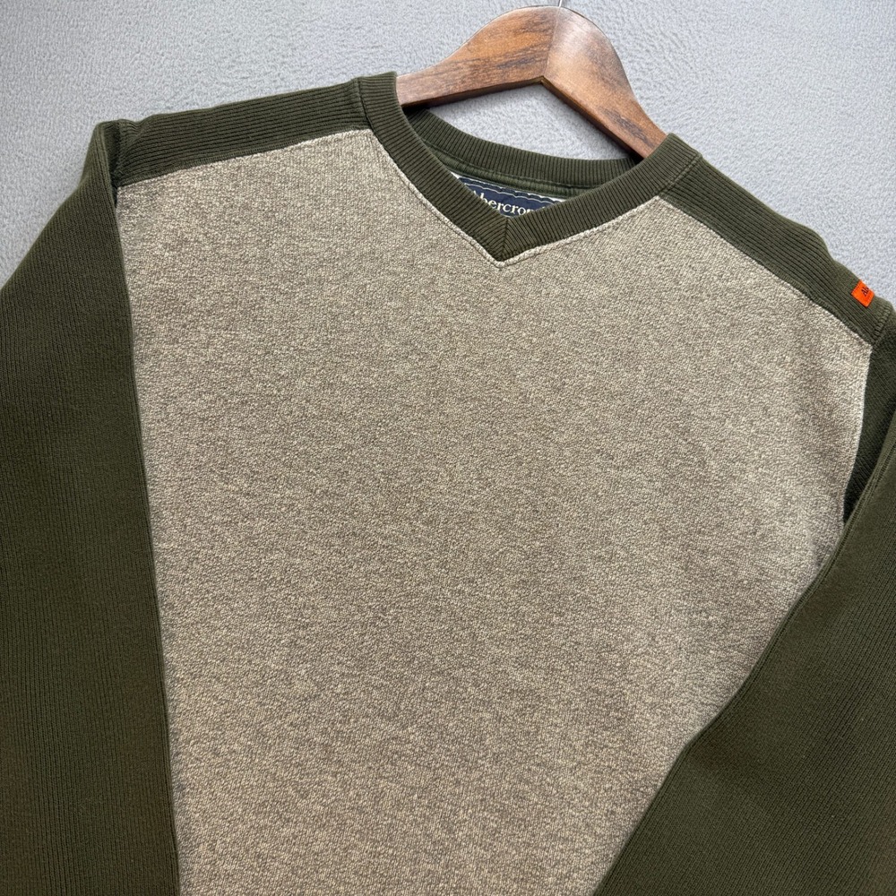 VTG Abercrombie & Fitch V Neck Sweater Mens Large Green Tan Cotton Ribbed Y2K